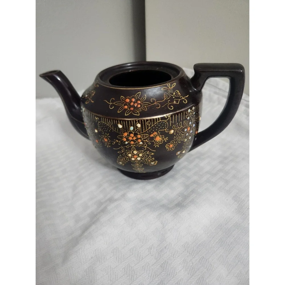 Vintage Japanese Moriage Teapot Brown Glazed Floral Hand Painted Japan No Lid